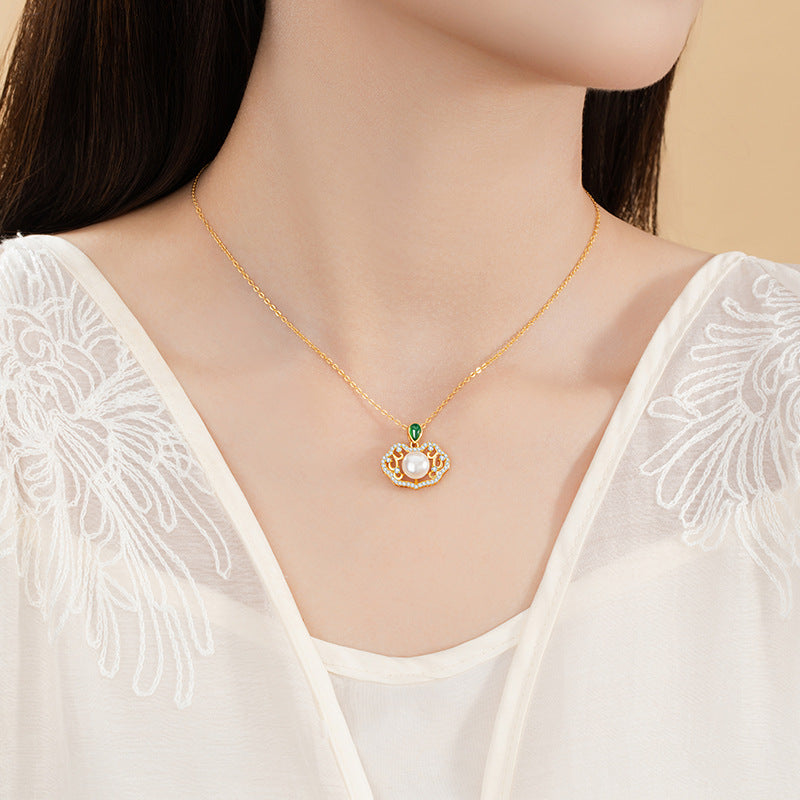 Xiangyun Ruyi Lock Sterling Silver 925 Necklace Women's New Chinese National Fashion Natural Freshwater Pearl Clavicle Chain Chalcedony Pendant
