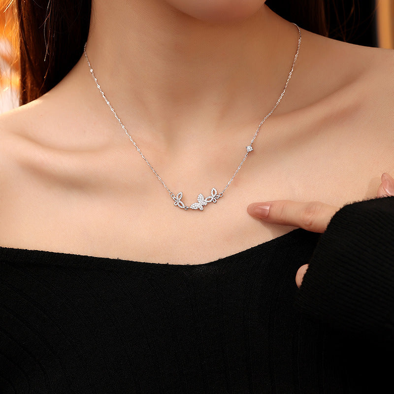 S925 Sterling Silver Necklace Women's Light Luxury Butterfly Pendant High-Grade Versatile Niche Clavicle Chain Daily Commuter Silver Jewelry