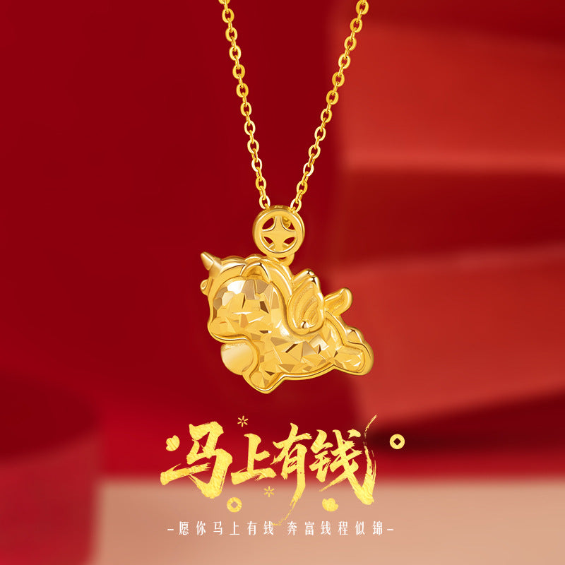 Immediately Rich Sterling Silver 925 Necklace Women's Light Luxury High-Grade Sense Birth Year Copper Coin Clavicle Chain Ins Zodiac Horse Pendant