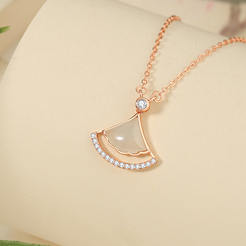 Small Skirt Sterling Silver 925 Hetian Jade Necklace New Chinese National Fashion Zircon Clavicle Chain Ins Light Luxury Fan-Shaped Pendant