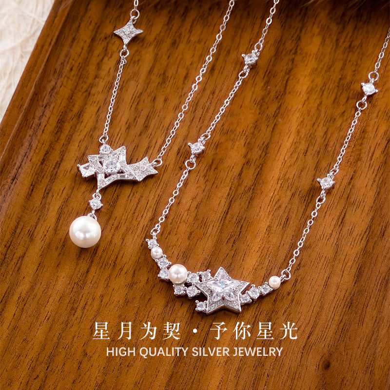 S925 Sterling Silver Star Pearl Necklace Light Luxury Niche High-Grade Versatile Temperament Clavicle Chain Silver Jewelry Gift Wholesale