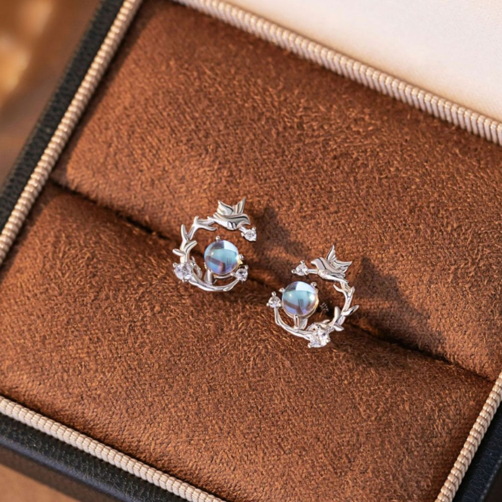 Blue Eucalyptus and Bird Sterling Silver 925 Stud Earrings Female Niche Design Light Luxury Zircon Earrings Ins Little Red Book Garland Earrings
