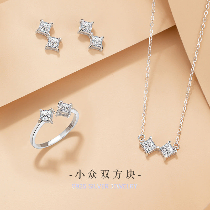 Star Sterling Silver 925 Necklace Female Niche Design Light Luxury Square Zircon Clavicle Chain Ins Style Small Square Sugar Pendant