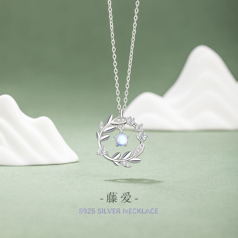 Vine Sterling Silver 925 Necklace Female Niche Design Light Luxury Glass Stone Flower Pendant Ins Style Garland Pendant
