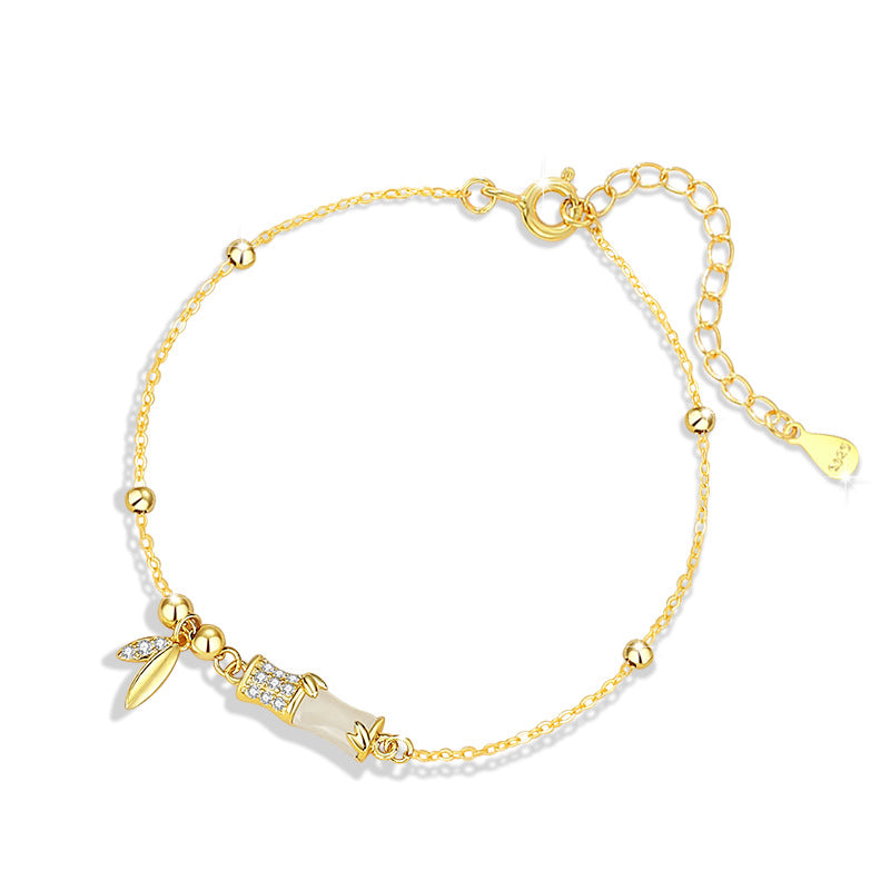 Festival High-Rise Hetian Jade Sterling Silver 925 Bracelet Women's National Fashion Light Luxury Bamboo Bracelet Ins Style Zircon Bracelet