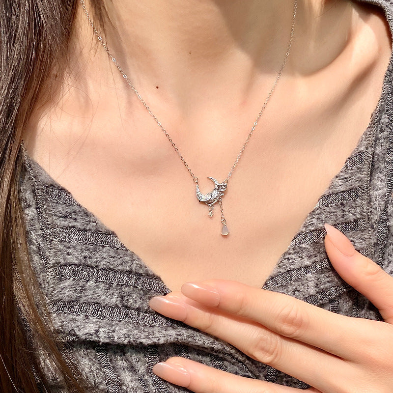 S925 Sterling Silver Moon Rose Necklace Female White Agate Tassel Clavicle Chain Niche Design High-Grade Light Luxury Silver Jewelry