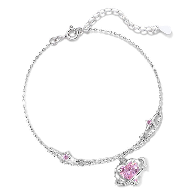Lovely Sterling Silver 925 Bracelet Female Niche Design Light Luxury Star Pink Diamond Bracelet Qixi Ins Style Planet Bracelet