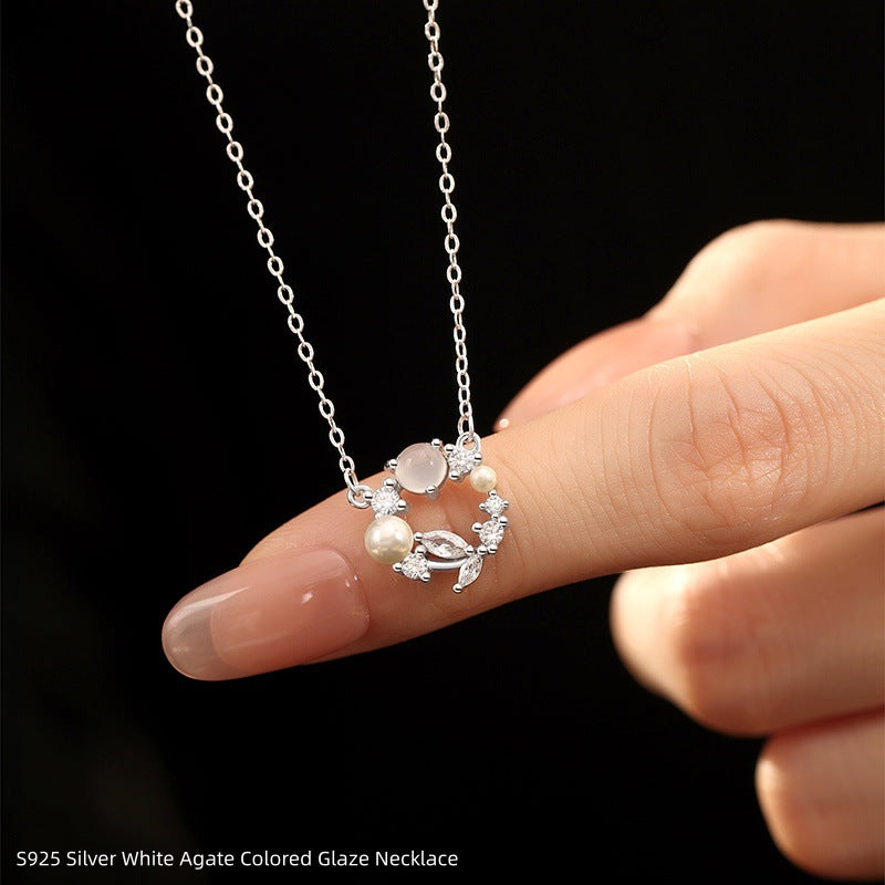S925 Sterling Silver Necklace White Agate Starry Sky Stone Garland Niche Girl Style Clavicle Chain Jewelry Live Supply