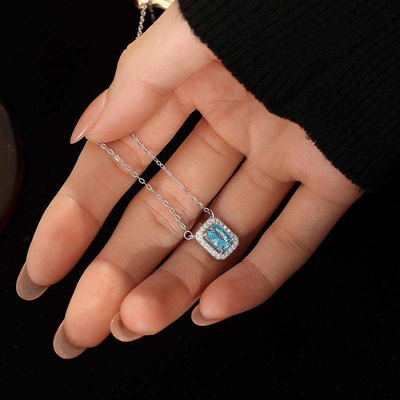 New S925 Sterling Silver Necklace Women's Light Luxury Square Sugar Diamond Gentle Wind Clavicle Chain Valentine's Day Confession Birthday Gift