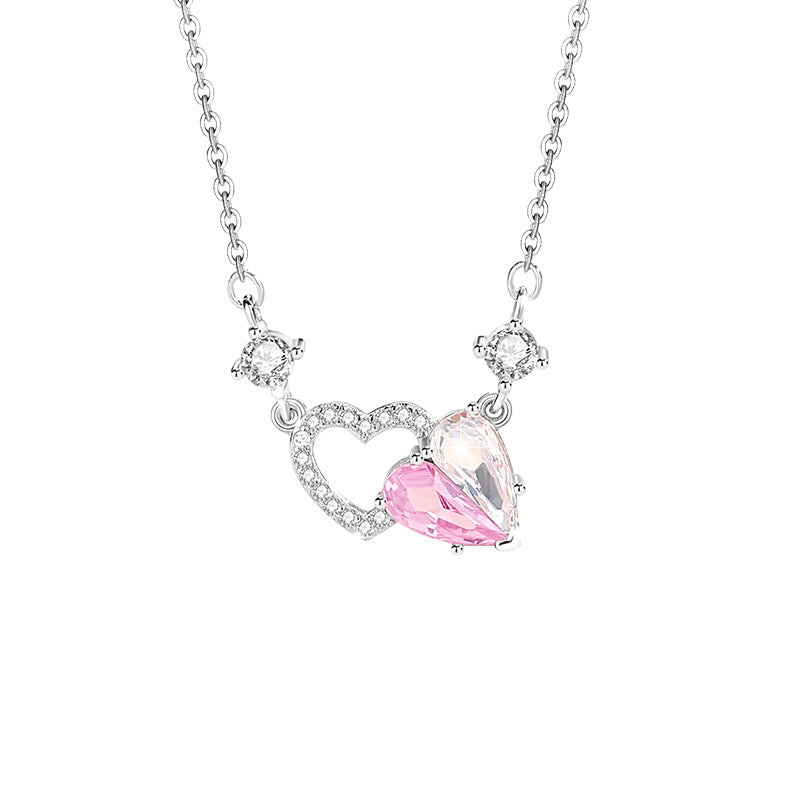 Heart-to-Heart Printed Sterling Silver 925 Necklace Female Niche Design Light Luxury Pink Diamond Clavicle Chain Ins Style Love Pendant