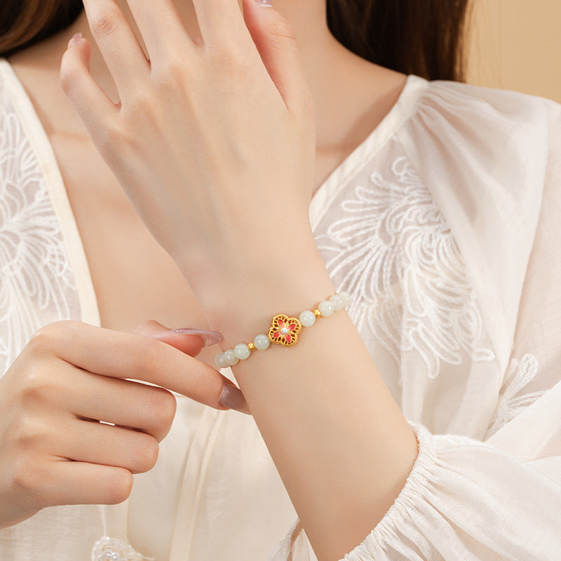 Lucky Clover Sterling Silver 925 Bracelet Female New Chinese National Fashion Natural Hetian Jade Flower Bracelet Pearl Bracelet