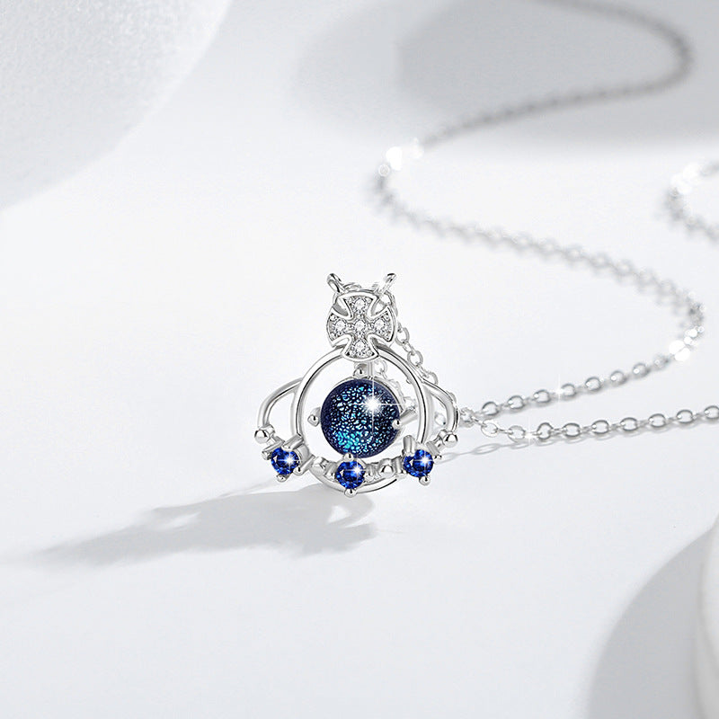 Planet Sterling Silver 925 Necklace Women's Fashion All-Match Glass Stone Clavicle Chain Goods Ins Style Saturn Zircon Pendant
