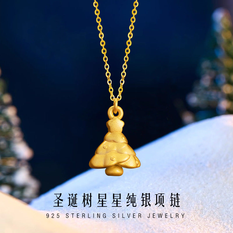 Christmas Tree Pure Silver 999 Necklace Female Niche Design Light Luxury Star Clavicle Chain Ins Style Wishing Tree Pendant