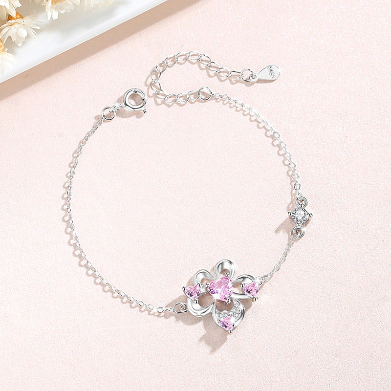 Flower Sterling Silver 925 Bracelet Women's Fashion All-Match Pink Zircon Bracelet, INS Style Lovely Floral Bracelet