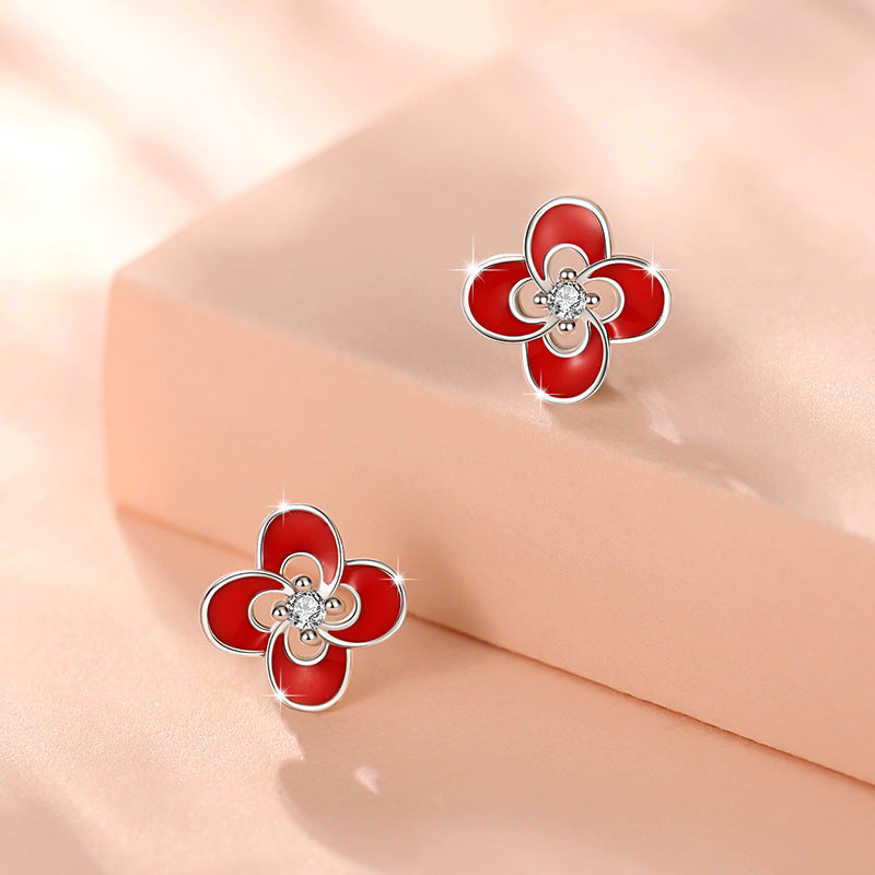 Lucky Clover Sterling Silver 925 Stud Earrings Women's Fashion All-Match Zircon Earrings Ins Style Flower Earrings