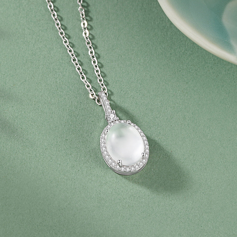 Natural Water Foam Jade Sterling Silver 925 Necklace Women's Light Luxury High-Grade Oval Zircon Clavicle Chain Mother's Day Pendant