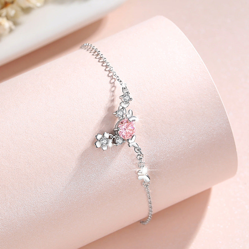 Sterling Silver Cherry Blossom and Butterfly Bracelet – Pink Zircon