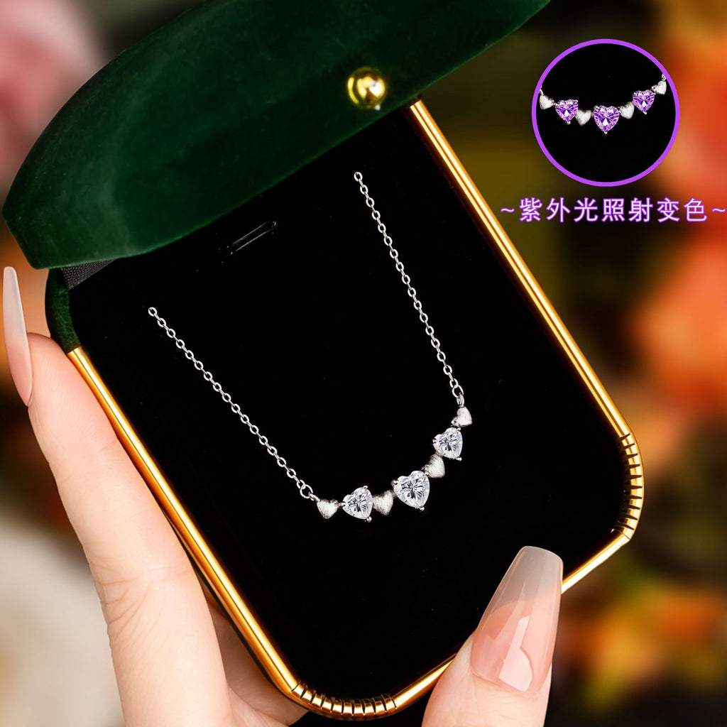 Popular S925 Sterling Silver Necklace for Women Niche Design Lovely Color-Changing Zircon Clavicle Chain Light Luxury Valentine's Day Gift for Women