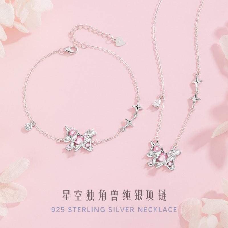 Unicorn Sterling Silver 925 Necklace Female Sweet Cute Love Zircon Clavicle Chain Ins Valentine's Day Star Pendant