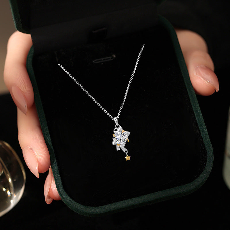 Princess Escape Bow S925 Sterling Silver Necklace Exquisite Brushed Craft Pink White Zircon Girl Style Gift Silver Jewelry