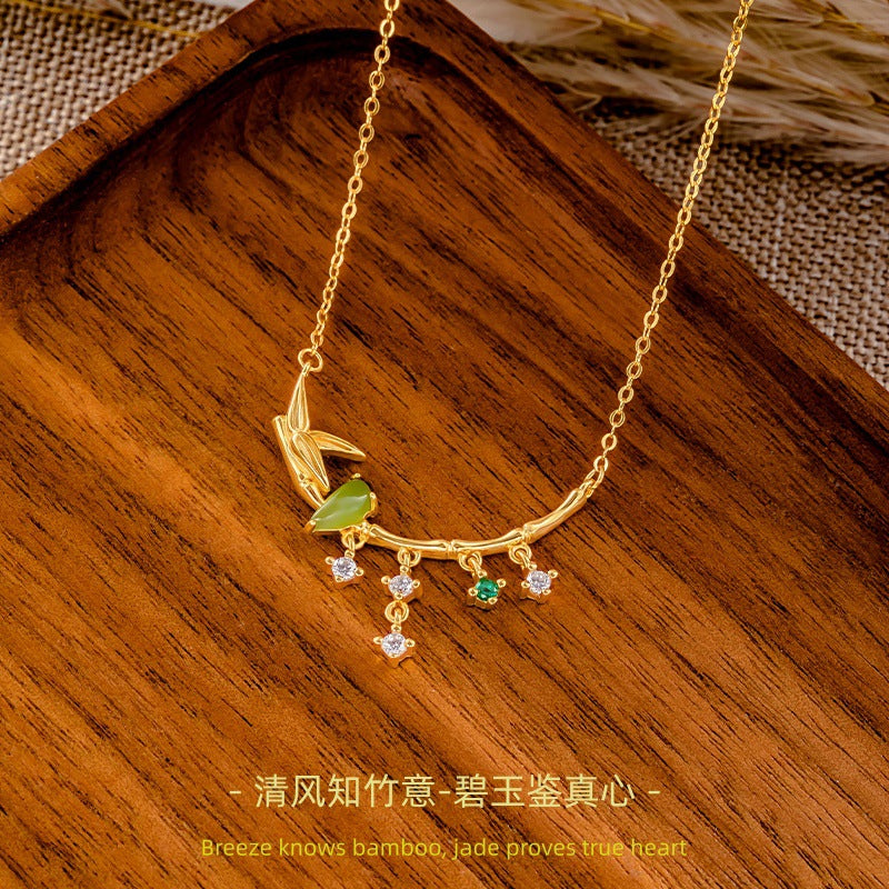 New Chinese Style Ancient Style S925 Sterling Silver Necklace Women's High-Grade Versatile Jasper Bamboo Necklace Holiday Gift Accessories Women