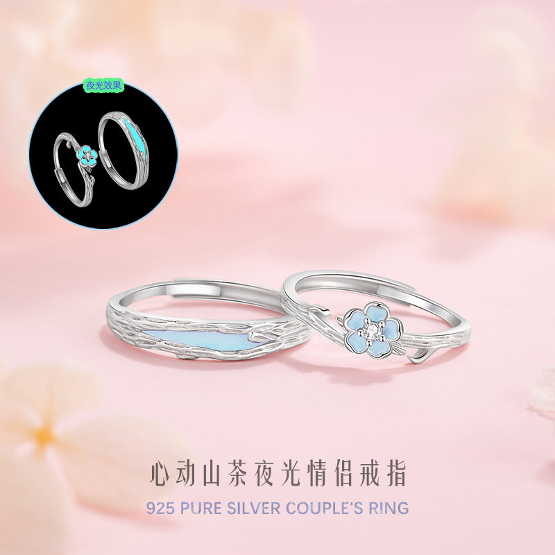Camellia Sterling Silver 925 Luminous Couple Ring Sweet Cute Flower Ring Ins Valentine's Day Cherry Blossom Ring