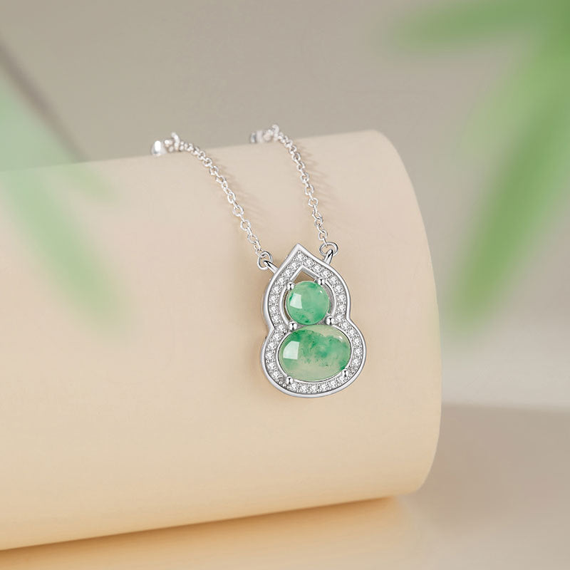 Fu Lu Double Full Sterling Silver 925 Necklace Women's New Chinese National Fashion Natural African Emerald Clavicle Chain Ins Style Gourd Pendant