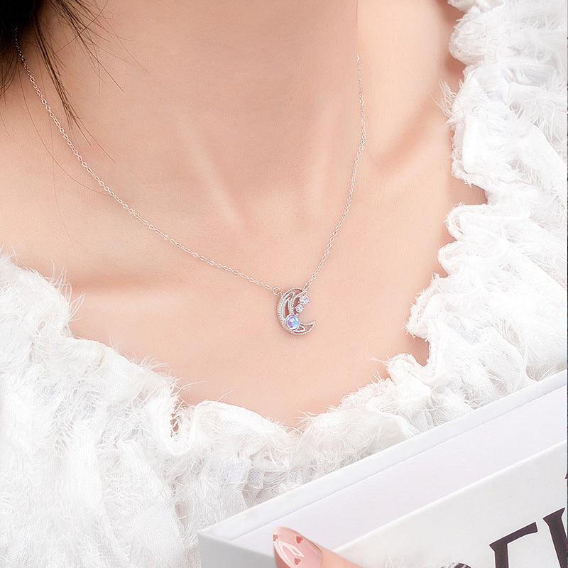 S925 Silver Original Design Star Moon Necklace Moonstone Starry Sky Stone Clavicle Chain Factory Wholesale Daily Jewelry Supply