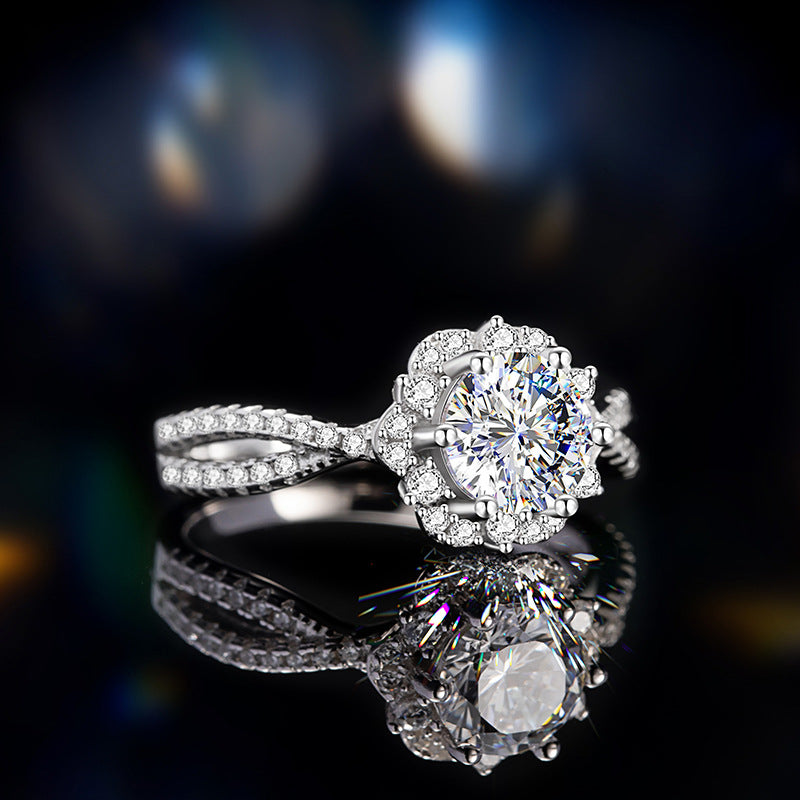 Sterling Silver 925 Diamond Ring Women's Fashionable High-Grade Moissanite Flower Ring 1 Karat Surrounding Flower Wedding Ring