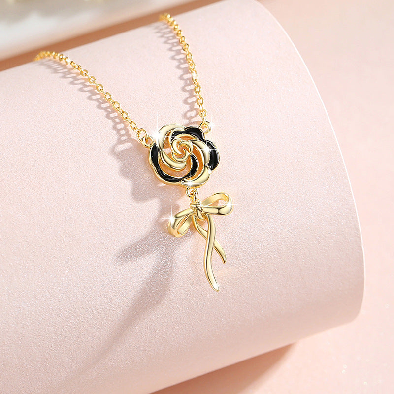 Rose Sterling Silver 925 Necklace Female Niche Design Light Luxury Bow Clavicle Chain Ins Style Flower Pendant