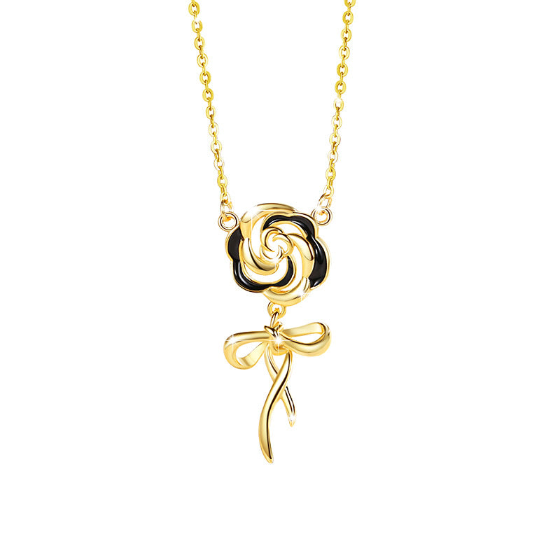 Rose Sterling Silver 925 Necklace Female Niche Design Light Luxury Bow Clavicle Chain Ins Style Flower Pendant
