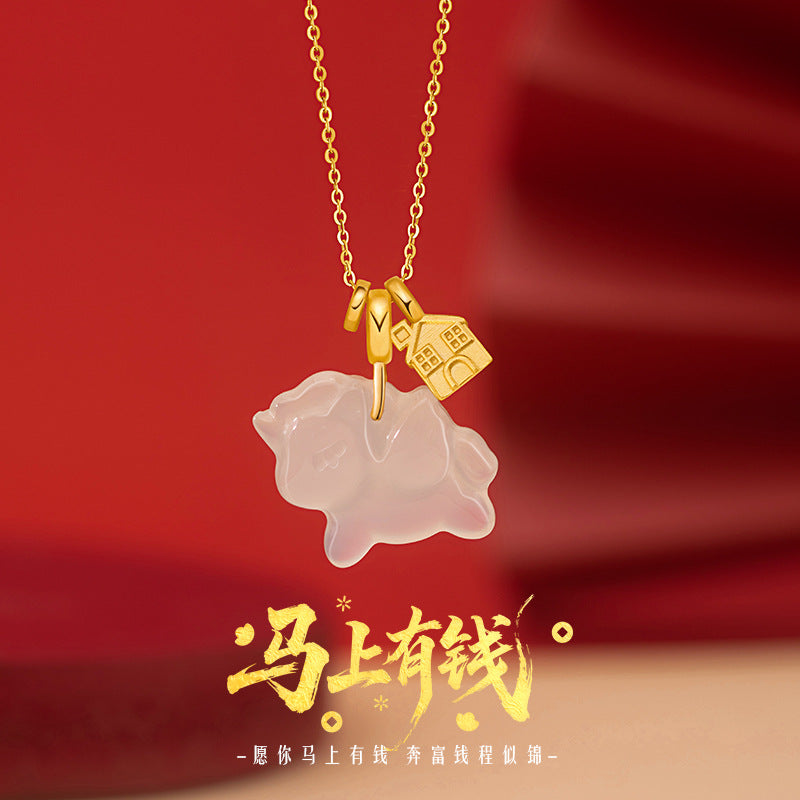 Immediately Rich Sterling Silver 925 Necklace Female National Fashion White Agate Birth Year Clavicle Chain Ins Style Zodiac Horse Pendant