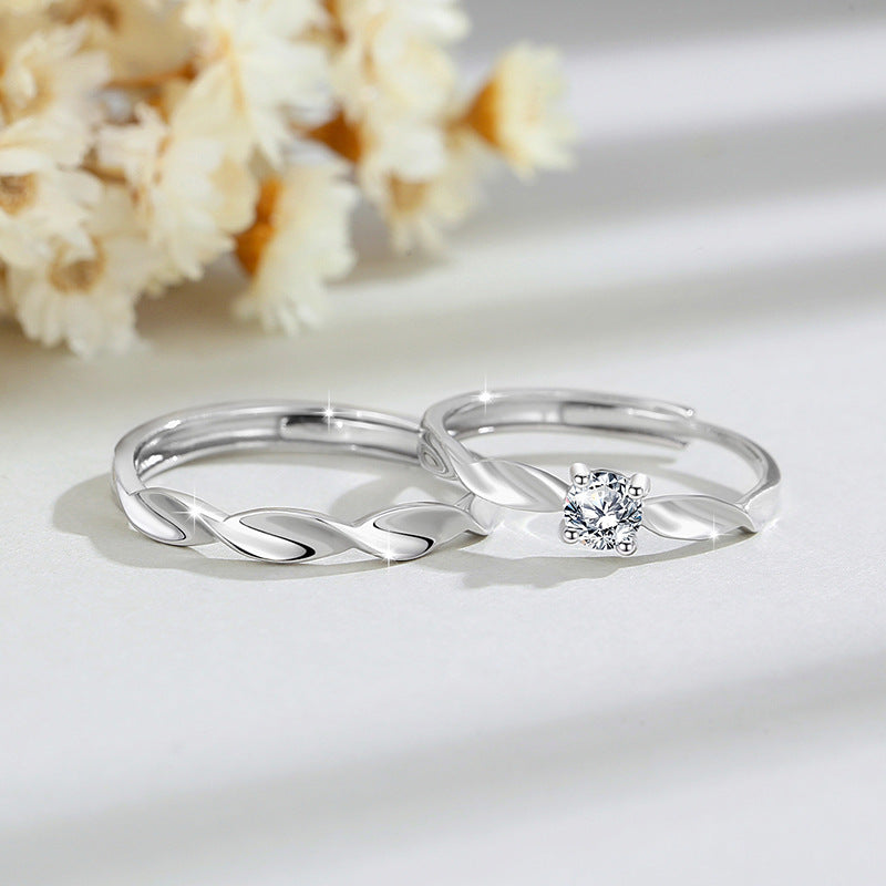 Mobius Pure Silver 999 Couple Ring Men's and Women's Fashion Versatile Four-Claw Zircon Ring Diamond Pattern Pair Ring