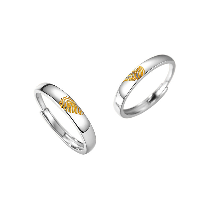 Love Fingerprint Sterling Silver 925 Couple Ring Men and Women Niche Design Light Luxury Ins Style Valentine's Day Gift Ring