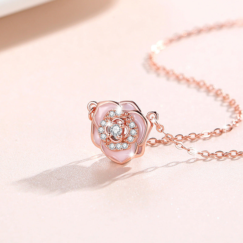 Camellia Sterling Silver 925 Necklace for Women, Niche Design, Light Luxury Clavicle Chain, INS Style Flower Zircon Pendant