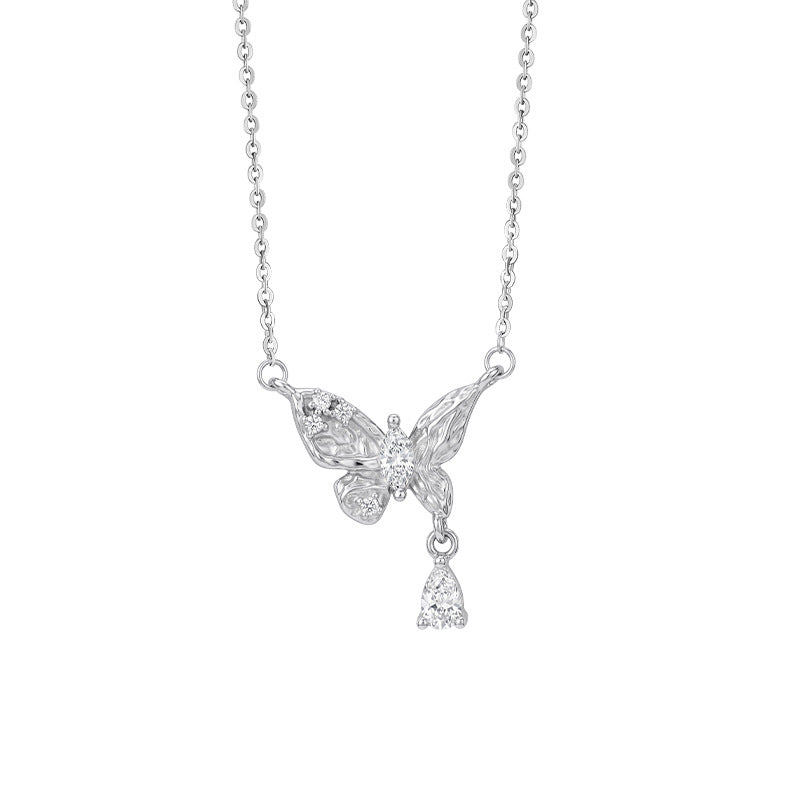 S925 Sterling Silver Necklace Women's Light Luxury Relief Water Drop Shining Dream Butterfly Clavicle Chain Niche High Sense Valentine's Day Gift