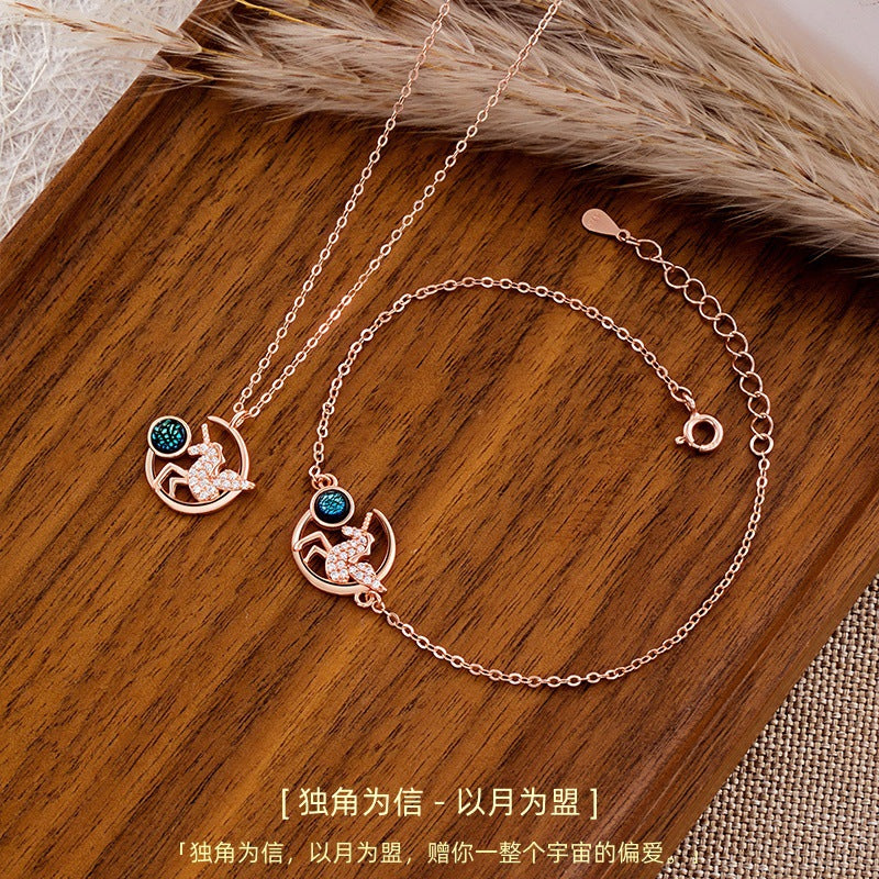 New Ins Style S925 Sterling Silver Unicorn Star Moon Necklace Bracelet Light Luxury Girl Heart Jewelry Gift for Girlfriend
