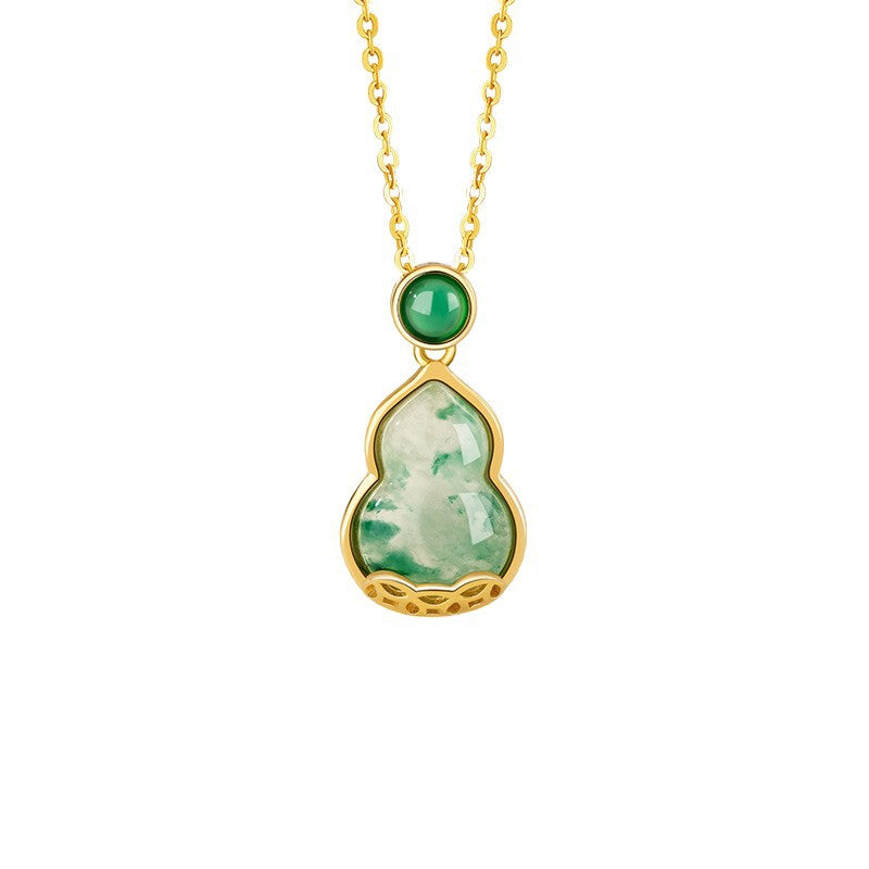 Fu Lu Double Full Sterling Silver 925 Necklace Women's National Fashion Natural African Emerald Copper Coin Clavicle Chain Ins Chalcedony Gourd Pendant
