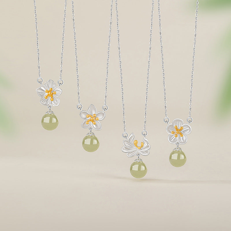 Twelve Flower God Sterling Silver 925 Necklace Women's Light Luxury High-Grade Natural Hetian Jade Peach Blossom Clavicle Chain Flower Pendant