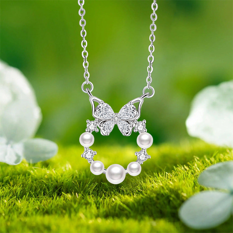 Butterfly Sterling Silver 925 Necklace Women's Fashion All-Match Shijia Pearl Clavicle Chain Ins Style Escape Princess Garland Pendant