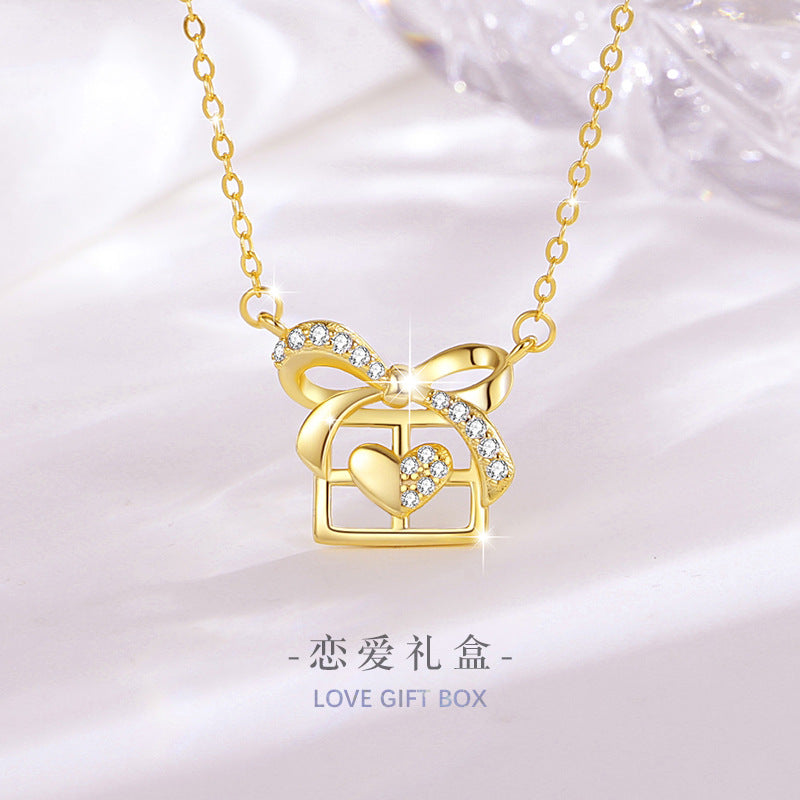 Bowknot Sterling Silver 925 Necklace Women's Fashion Versatile Square Sugar Clavicle Chain Qixi Gift Ins Style Love Pendant