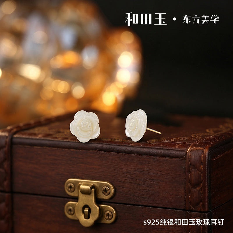 Hetian Jade Rose Stud Earrings Three-Dimensional Relief S925 Sterling Silver New Chinese Style Simple Earrings for Women Valentine's Day Gift