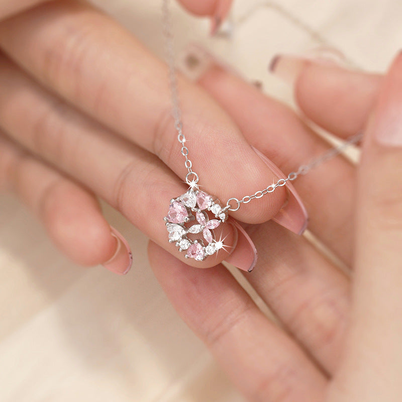 Butterfly Sterling Silver 925 Necklace Women's Fashion All-Match Pink Zircon Clavicle Chain Get Things Ins Style Love Pendant