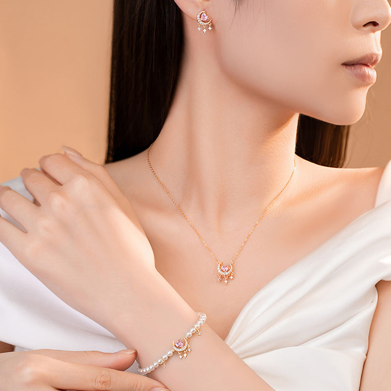 Lovely Sterling Silver 925 Necklace Niche Design Light Luxury Shijia Pearl Clavicle Chain Pink Moon Zircon Pendant