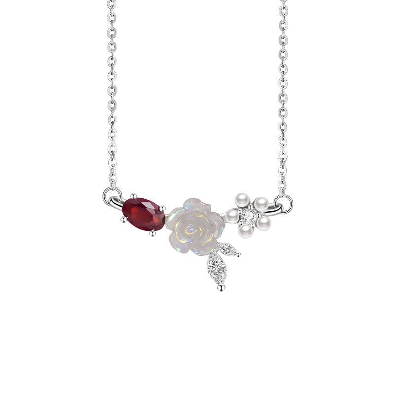 S925 Sterling Silver Necklace Female Magic Color Fritillary Rose Red Zircon Clavicle Chain High-Grade Gift for Girlfriend Girlfriend Female