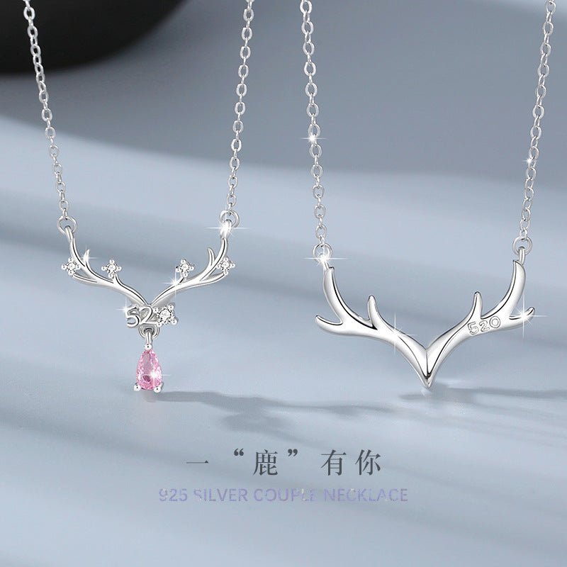 Yi Lu Has You Sterling Silver 925 Couple Necklace Men's and Women's Fashion All-Match Zircon Clavicle Chain Ins Style Antler Pendant