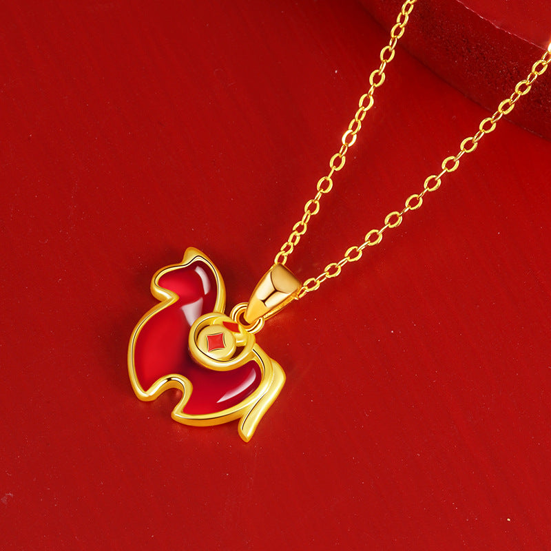 Immediately Rich Flower Sterling Silver 925 Necklace Female New Chinese Red Agate Copper Coin Birth Year Clavicle Chain Zodiac Pendant