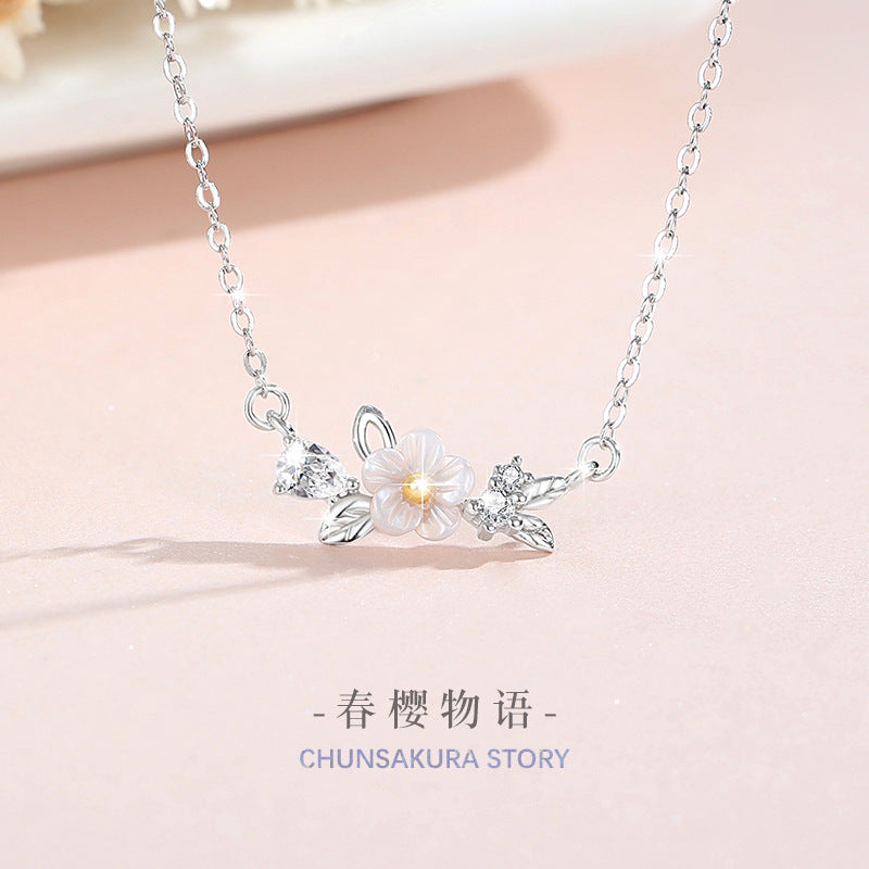 Cherry Blossom Sterling Silver 925 Necklace Women's Fashion All-Match Butterfly Zircon Clavicle Chain, INS Style Flower Pendant