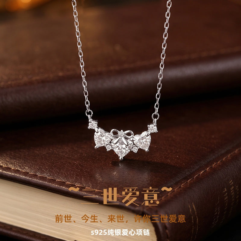 S925 Sterling Silver Bow Love Necklace Women's Heart-Shaped Zircon Clavicle Chain Light Luxury III Love Valentine's Day Gift