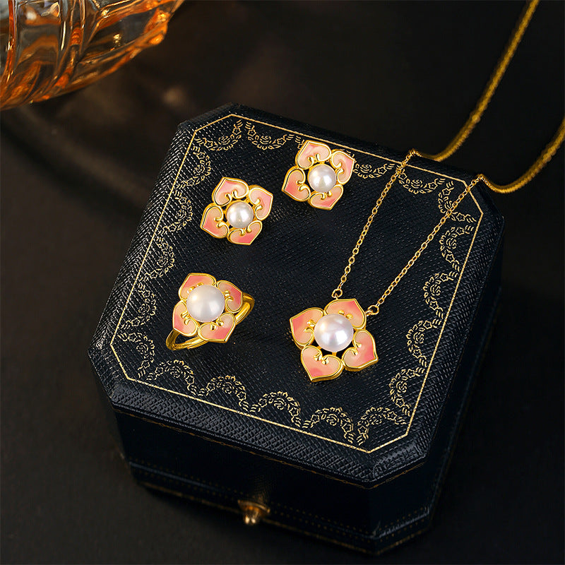 New Chinese Natural Freshwater Pearl Set S925 Sterling Silver Begonia Flower Necklace Ring Stud Earrings Enamel National Style Jewelry